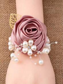 1pc Pearl, Gold Leaf & Satin Ribbon Gold Rose Wrist Corsage & Boutonniere, Suitable For Wedding, Bridal, Ceremony, Photoshoot, Party - Korean Pink - View 3
