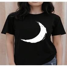 Women's Black Cotton Blend Short Sleeve Round Neck T-Shirt With White Crescent Moon Print Casual Regular Fit Top - 黑色 - 查看 1