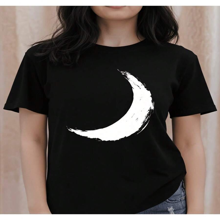 Women's Black Cotton Blend Short Sleeve Round Neck T-Shirt With White Crescent Moon Print Casual Regular Fit Top - 黑色 - 查看 1