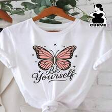Women's White Cotton Butterfly Be Yourself Print Short Sleeve Round Neck T-Shirt Regular Fit Casual Style - 白色 - 查看 1