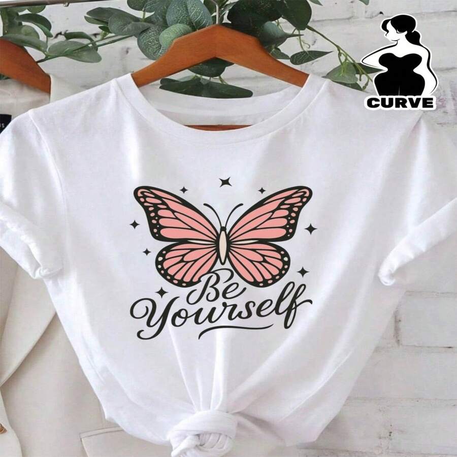 Women's White Cotton Butterfly Be Yourself Print Short Sleeve Round Neck T-Shirt Regular Fit Casual Style - 白色 - 查看 1
