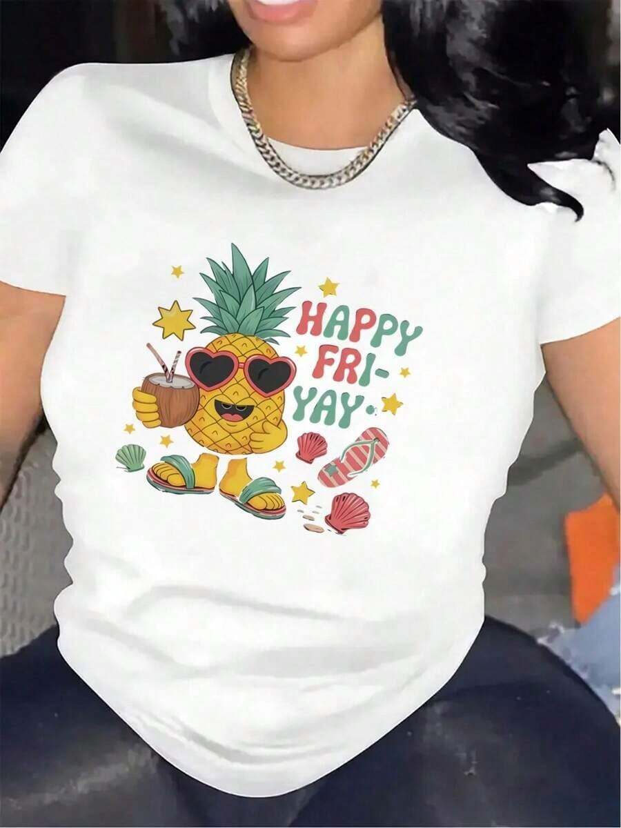 Camiseta de manga corta de poliéster Simplicity, estampada con un diseño de piña con la frase "Happy Friday", es ligera y duradera, adecuada para uso casual en casa, en la oficina o en restaurantes.El diseño divertido añade un toque de comodidad y estilo a la ropa de uso diario. - Blanco - Ver 1