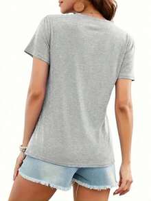 Women's Affordable Retro Cowboy Style T-Shirt, Rock, Western, With Cowgirl Silhouette Print, Casual Short Sleeve, Round Neck, Fitted For Summer - 淺灰色 - 查看 4