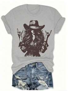 Women's Affordable Retro Cowboy Style T-Shirt, Rock, Western, With Cowgirl Silhouette Print, Casual Short Sleeve, Round Neck, Fitted For Summer - 淺灰色 - 查看 6