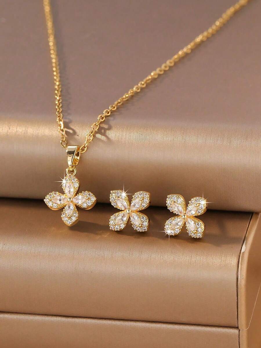 Set de 3 piezas de collar y aretes de mujer enchapado en oro con diseño de trébol de cuatro hojas, joyería con diseño de halo de diamantes, regalo de primavera para el Día de la Madre, cumpleaños o aniversario - Multicolor - Ver 1