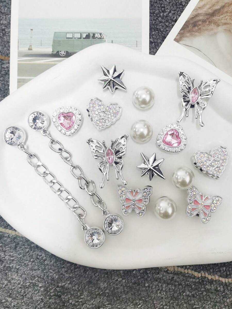 16件裝亮面水鑽愛心與蝴蝶ABS鞋飾 DIY鏈條裝飾 奢華星形洞洞鞋扣飾配件 仿珍珠鞋夾