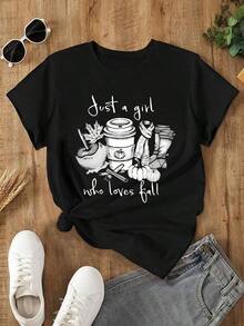 Women's Casual Short Sleeve Sports T-Shirt, Fashionable Vintage Style, With Round Neck, White Letter Prints And Drink Themed Design. - 黑色 - 查看 6