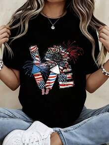 Women's Fashion T-Shirt With American Flag And Fireworks Print, Patriotic, For Independence Day Celebration, Casual Summer Top, Women's T-Shirts - 黑色 - 查看 1