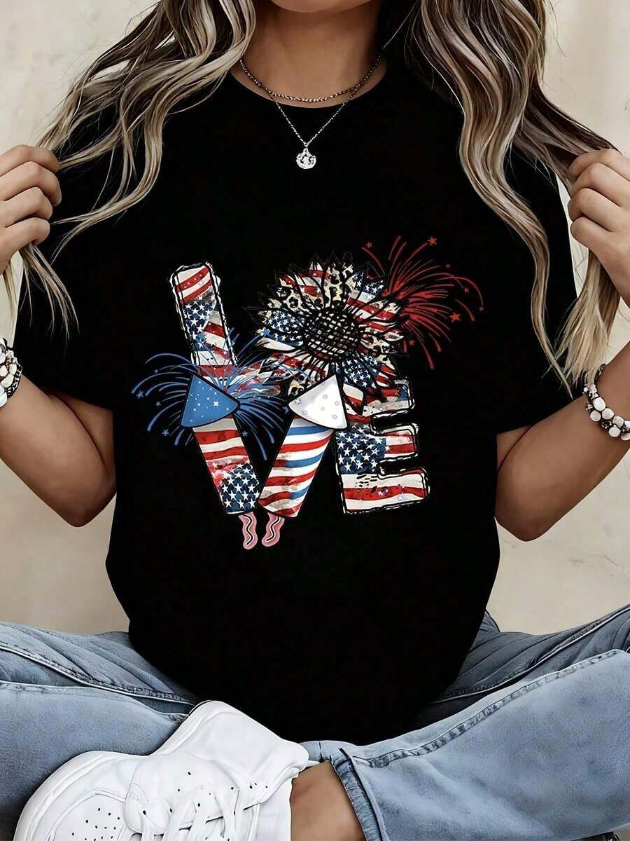 Women's Fashion T-Shirt With American Flag And Fireworks Print, Patriotic, For Independence Day Celebration, Casual Summer Top, Women's T-Shirts - 黑色 - 查看 1