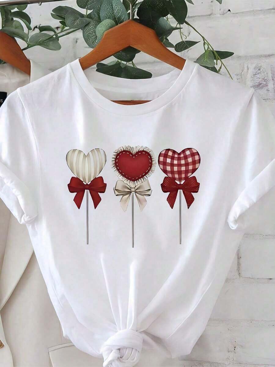 1 pieza de camiseta blanca para mujer con estampado de corazón y lazo, cuello redondo, camiseta casual de algodón, tejido de punto de elasticidad media, corte regular para damas, ideal para primavera/verano/otoño. - Blanco - Ver 1