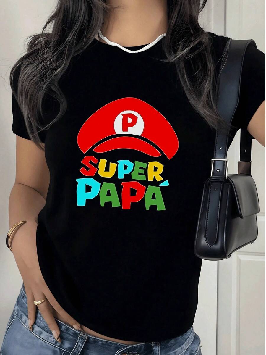 Camiseta de mujer de moda,Camiseta de mujer con diseño divertido Super Papá,100% algodón,ideal para el día a día. Camiseta cómoda con estampado colorido. - Negro - Ver 1