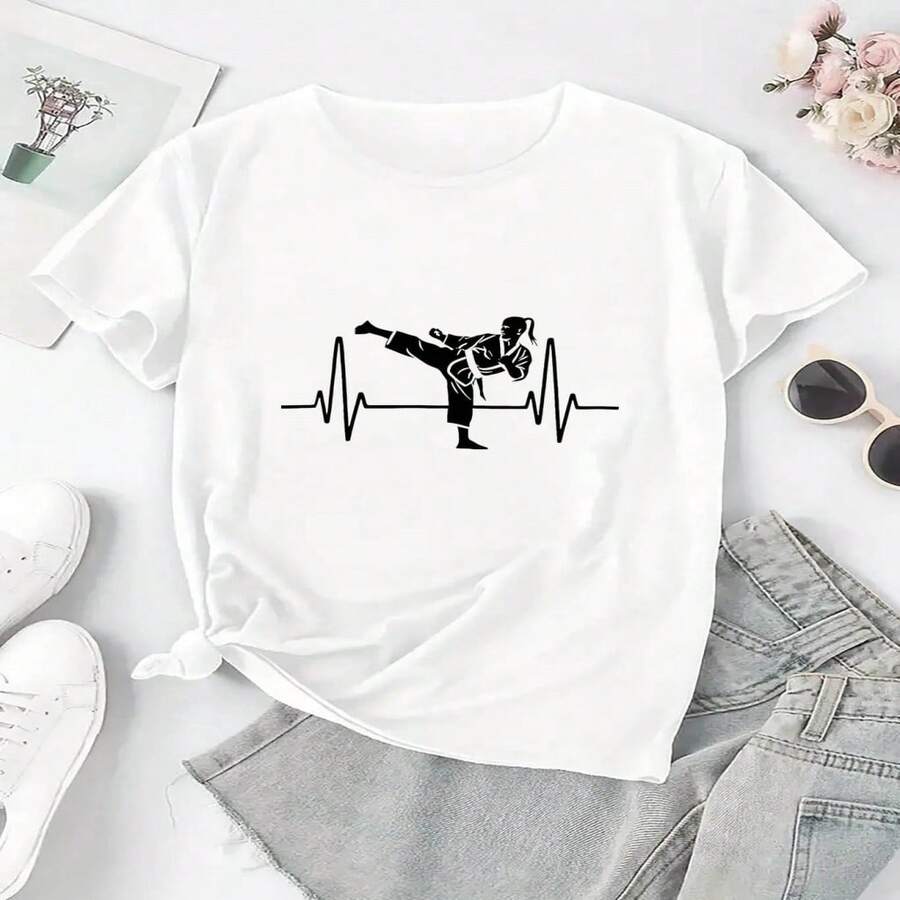Camiseta Casual de Manga Corta para Mujer con Estampado de ECG y Taekwondo - Cuello Redondo Transpirable para Verano, Gimnasio y Ropa Casual - Lavable a Máquina, Ropa Deportiva, Camiseta de Ajuste Cómodo S-XXXL - Blanco - Ver 1
