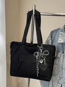 Simple Solid Color New Popular Quilted Tote Bag In Spring And Summer, Lightweight, Practical And Large Capacity With Body Patch Pockets, Shoulder Bag, Zipper Switch, Double Shoulder Straps, High-Value Armpit Bag, Suitable For Commuting To Work, School, Class, Shopping And Storage - Black - View 8