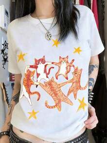 Mexican Basic Summer T-Shirt, Y2K Style, New Hip-Hop With Dancing Cat And Star Print, Unisex Retro T-Shirt, Cool, Versatile, Comfortable And Loose Fit, Short Sleeve Summer T-Shirt 2P7U-Vintage Street Style Unisex Loose Cotton Short Sleeve Crew Neck T-Shirt New Launch - 白色 - 查看 5