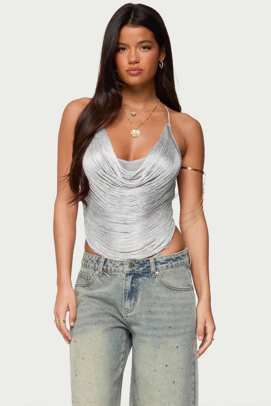 Womenacute;s Fringe Sparkly Crop Top Sequin Cowl Neck Fringed Halter Cami Tank Tops Y2k Disco Rave Club Outfits - Gris - Ver 1