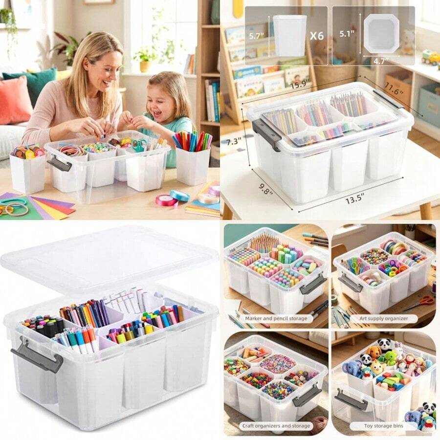 Citylife - Contenedores de almacenamiento de plástico de 17 cuartos de galón con tapas recipientes de almacenamiento apilables multiusos para organizar herramientas manualidades crayón - Blanco - Ver 1