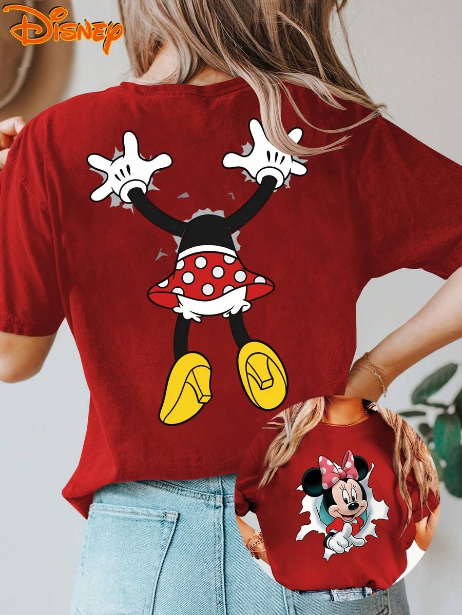 Authentic Women's Disney Short-Sleeve T-Shirt, Whimsical And Cute Minnie Mouse Peeking Out Of A Rip With A Waving Hand, Double-Sided Print, Round Neck Summer Tee, Suitable For Spring, Summer, And Fall, Disney Trip, Fashionable Casual Everyday Commute - 紅色 - 查看 1