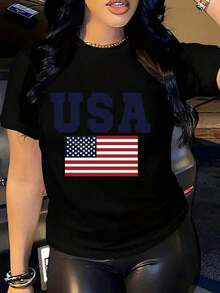 Women's Soft T-Shirt With Patriotic US Flag Print - Red With Lettering, Short Sleeve, Crew Neck, Casual Style, Breathable, Casual Spring And Summer Wear, Outfit For 4th Of July And Themed Events - 黑色 - 查看 7