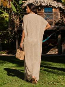 Đầm maxi dáng rộng dệt kim kiểu Boho, xuyên thấu, thích hợp mặc ngoài bikini, 2026, đầm kaftan tay ngắn cổ chữ V mùa hè cho nữ, đồ bơi, trang phục nghỉ dưỡng, đầm chống nắng. - Màu Khaki - Xem 2