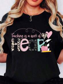 Women's Short Sleeve Crew Neck T-Shirt With Leopard And Pink Heart Print - A Great Thank You Gift For Teachers, School, Classroom, Or Back-To-School. This Printed T-Shirt Is Soft, Breathable, And Stylish. With Its Print And Comfortable Fit, It's A Must-Have Casual Piece. Perfect For Everyday Wear And Easy To Style, Making It A Hit. Cool Summer Clothing For Women. - 黑色 - 查看 6