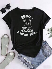 Soft Cute Cartoon Cow Moo I Mean Boo Halloween Tee Shirt With Funny Animal Print And Text For Casual Wear, 200g, Casual Blouse For Women, Blouses For Women, Cotton T-Shirts For Women - 黑色 - 查看 3