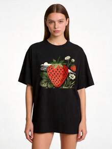 Premium Plus Size Casual T-Shirt For Women, Round Neck, Sizes S-2XL, 100% Pure White With Strawberry Print, Perfect For Family And Couple Wear In Summer, Ideal Gift For Mom On Mother's Day, Family Gift, Best Friend Gift, . - 白色 - 查看 5