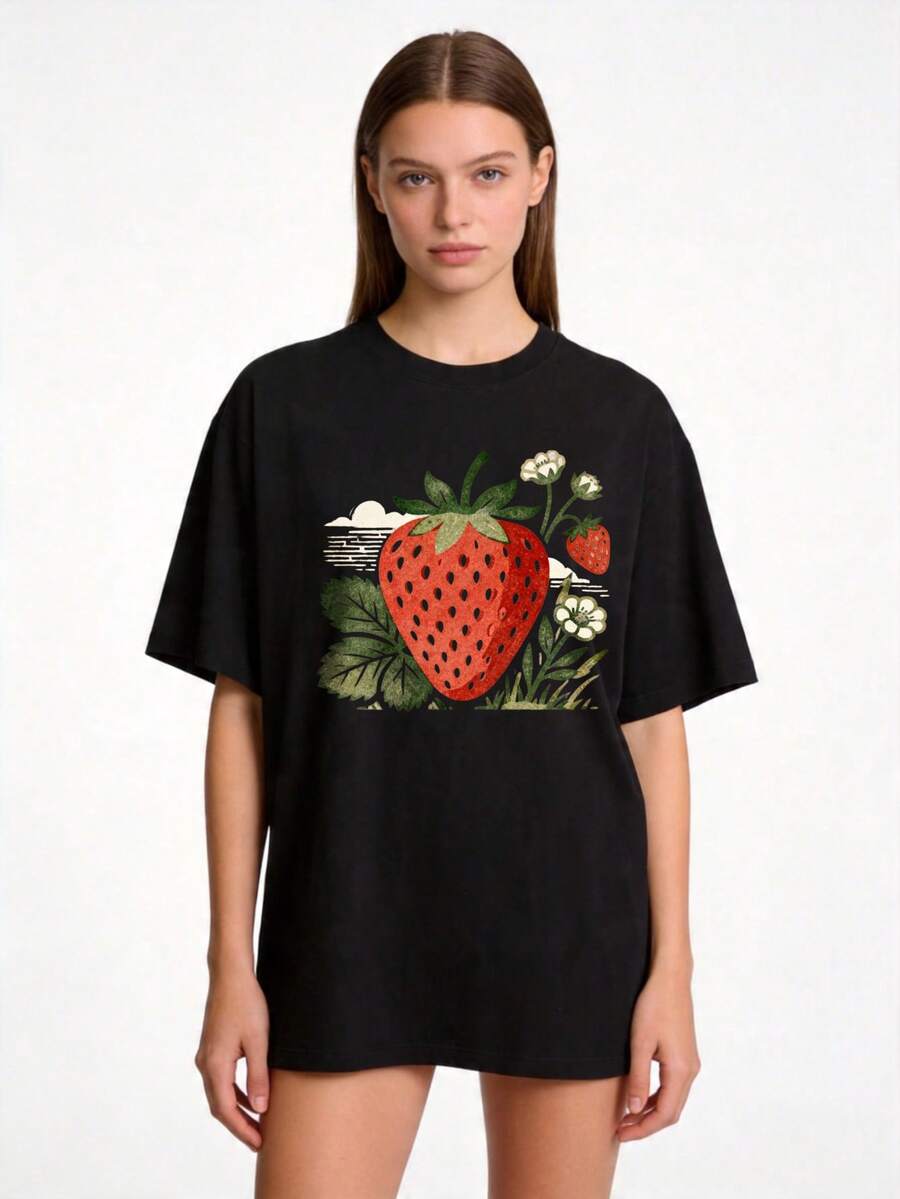 Premium Plus Size Casual T-Shirt For Women, Round Neck, Sizes S-2XL, 100% Pure White With Strawberry Print, Perfect For Family And Couple Wear In Summer, Ideal Gift For Mom On Mother's Day, Family Gift, Best Friend Gift, . - 黑色 - 查看 1