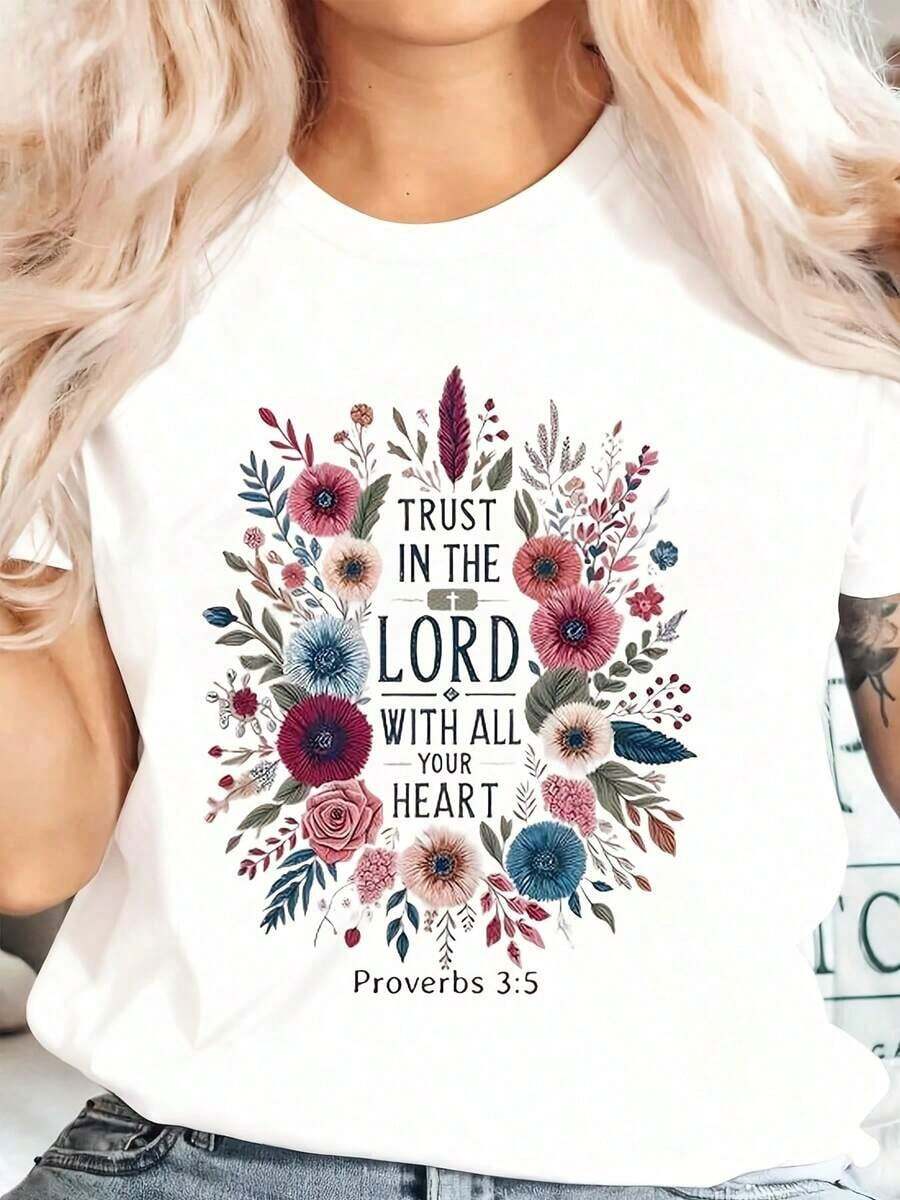 Women's T-Shirt With Floral Print And Bible Verse: Trust In The Lord With All Your Heart (Proverbs 35). Inspired By Christian Faith, Casual Wear For Everyday Life And Church. - 白色 - 查看 1