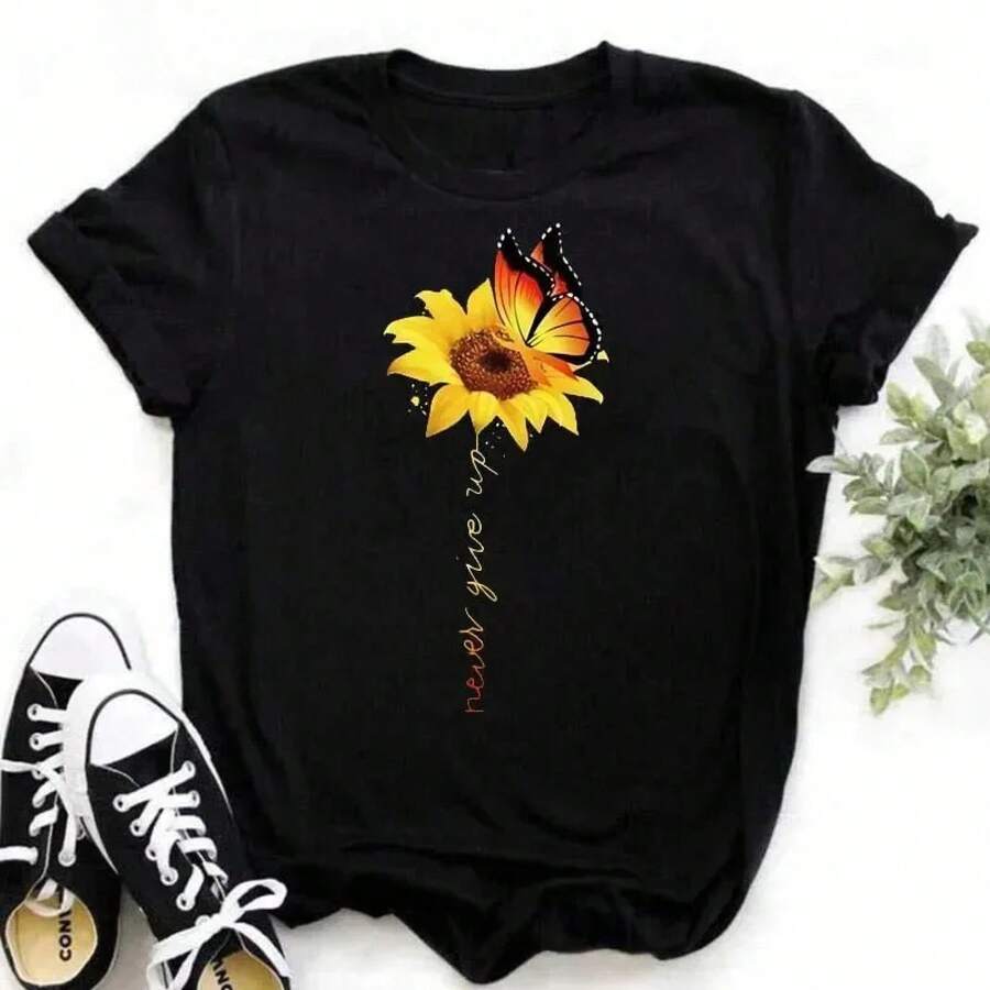 Camiseta de gran  2026, 100% algodón, estampado casual de girasoles y mariposas, cómoda, negra, talla grande, camisetas gráficas para mujer. - Negro - Ver 1