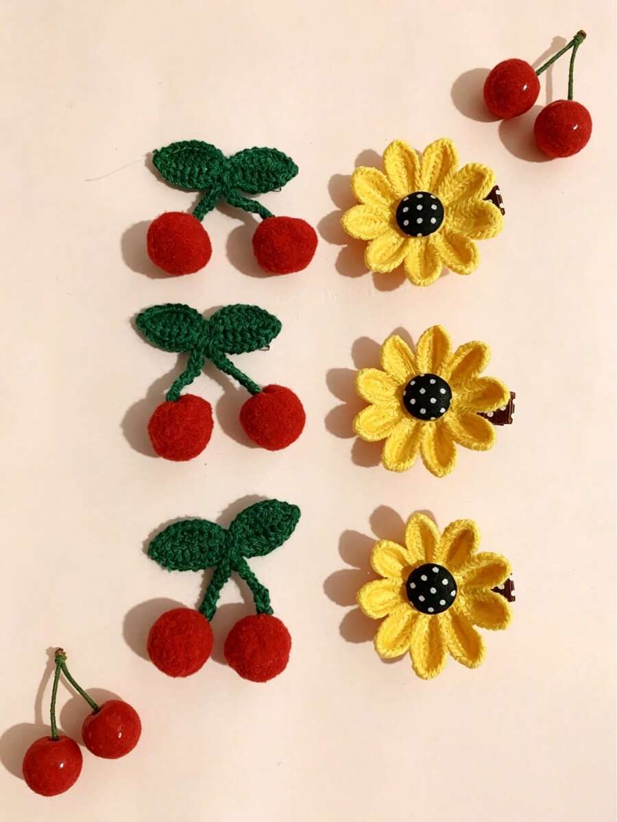 1/2/6pcs Cherry Sunflower Side Hair Clips, Cute Sweet Girl Hair Clips, Suitable For Daily Use, Yellow - Multicolor - View 1