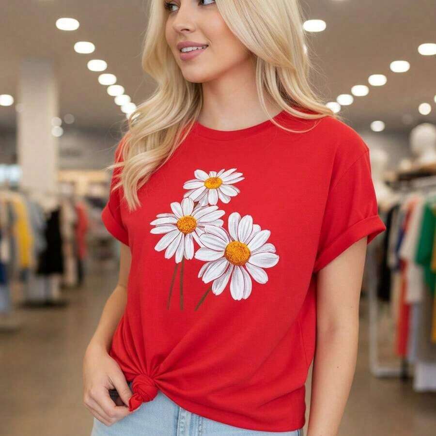 Mexican Art Women's Cotton T-Shirt With Daisy Print, Short Sleeve, Round Neck, Casual Top, Soft And Breathable, Loose Fit For Everyday Wear, Sizes S-5XL Available, Floral Graphic Summer T-Shirt, Comfortable And Fashionable Casual Blouse, Matching Cotton T-Shirt For The Family - 紅色 - 查看 1