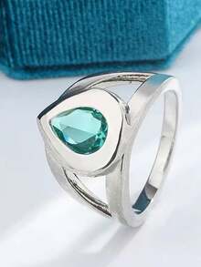 1pc Exquisite Hollow Water Drop Pear-Shaped Paraiba Green Synthetic Zirconia Couple Ring, Geometric Banquet Gift Jewelry For Women - White and Green - View 2