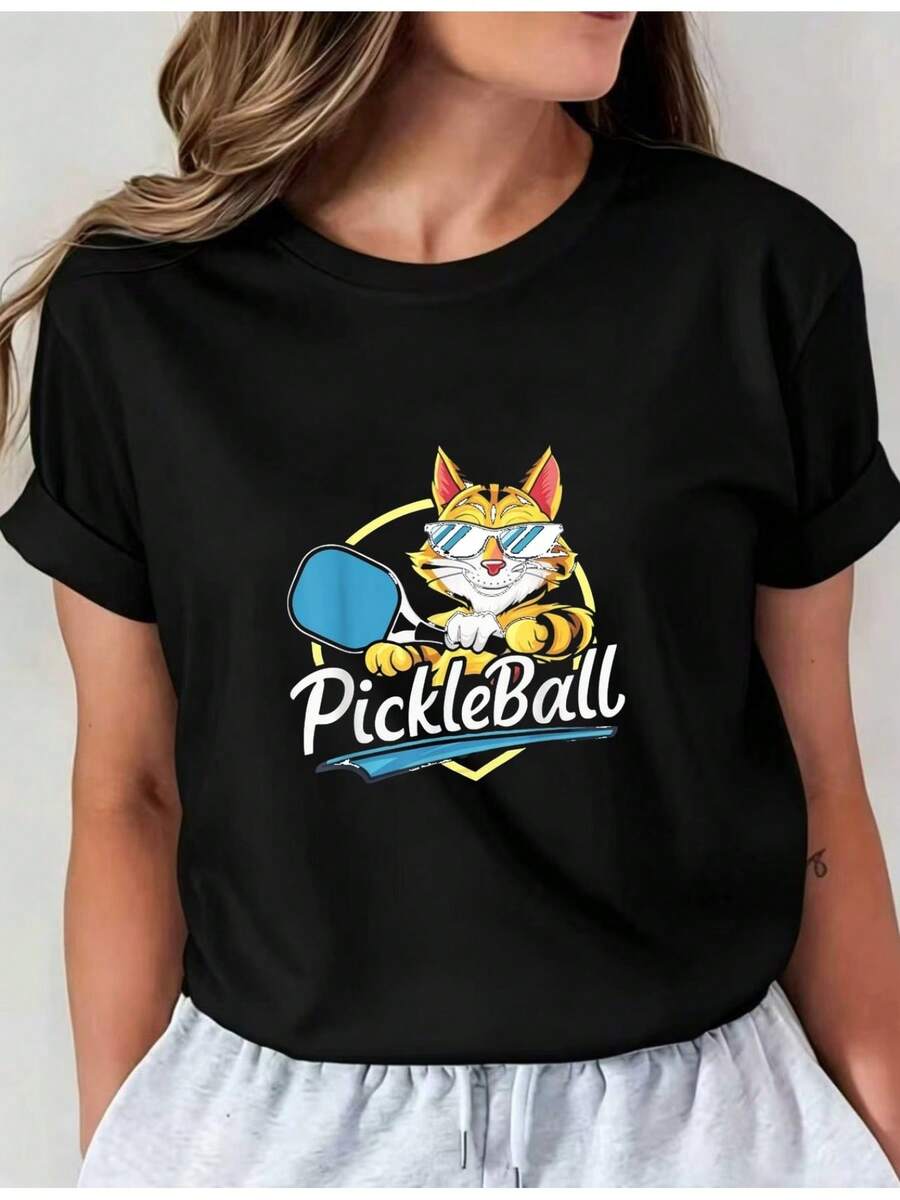 Camiseta Deportiva Casual para Mujer con Gráfico Colorido de Tigre de Caricatura Jugando Pickleball - Camiseta Elástica de Cuello Redondo, Lavable aáquina, Ajuste Cómodo y Apta para Todas las Estaciones. - Negro - Ver 1