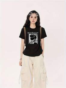 Women's Clothing | T-Shirt | Women's Summer Short Sleeve T-Shirt, Fashion Outerwear,  Student Top, Slim Fit, Viral Outfit, Versatile Clothing With Back Print For Women. - 黑色 - 查看 7