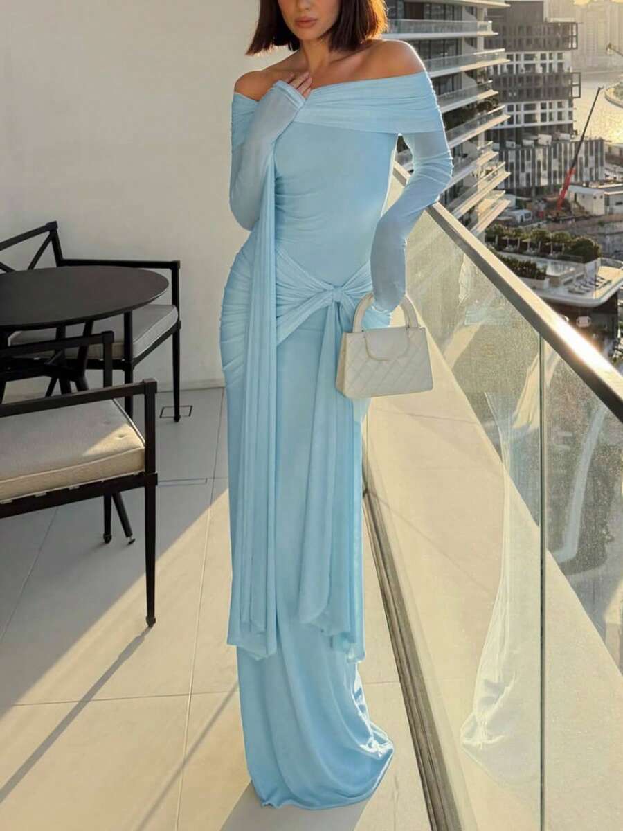 DOUCIU Sexy Mesh Patchwork Hollow Out Off-Shoulder Maxi Dress Elegant - Blue - View 1