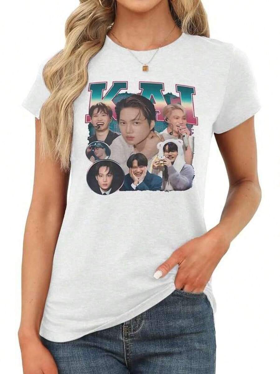 KAI Shirt Kim Jongin  Boyband Printed T-Shirt, Women's Vintage Pattern Short-Sleeved Sport Shirt, Casual Sport T-ShirtPlayeras De Mujer Algodon Blusas Frescas Para El Calor Blusas Dama Playeras Mujer Blusa Blanca Playeras Basicas De Mujer Blusas Oversize Para Dama  Y2k Mujer Verano Camisetas De Mujer Algodón Playeras Para Mujer Envio Nacional - Blanco - Ver 1