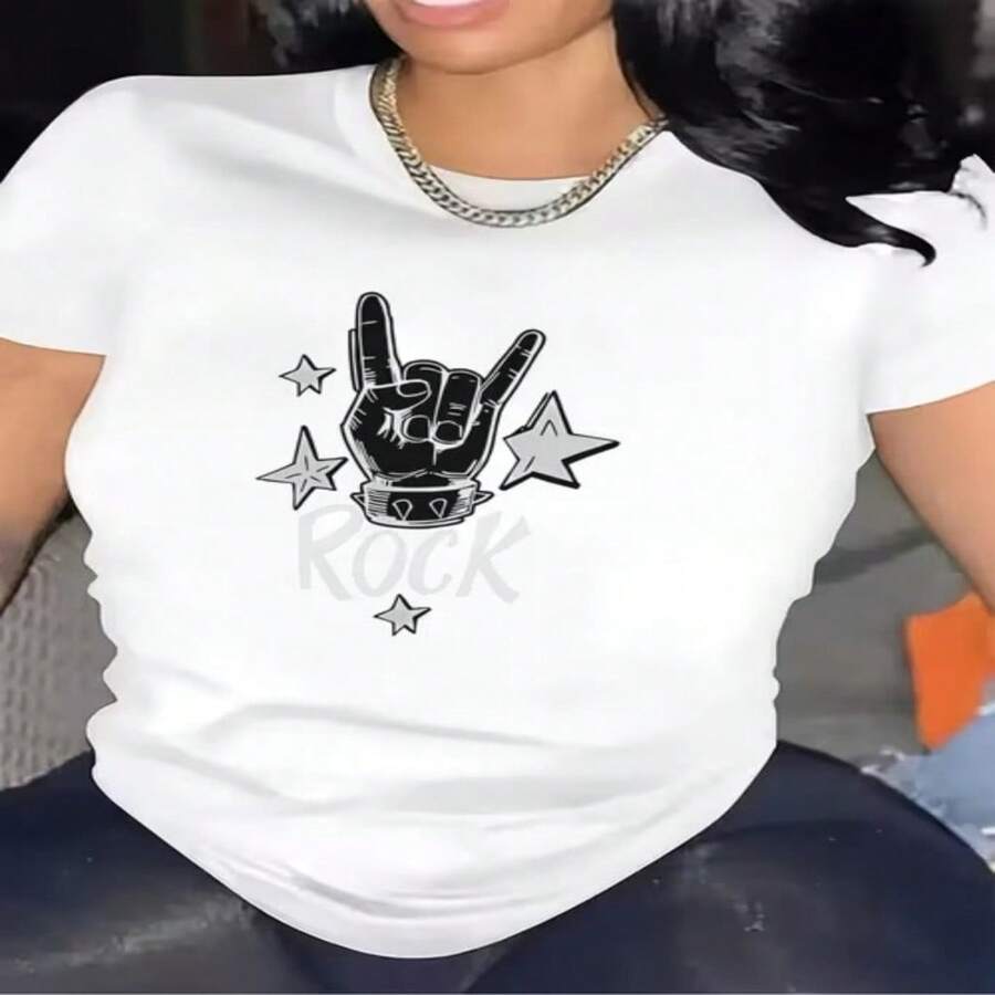 Camiseta de manga corta para mujer, talla grande, de verano, con cuello redondo, transpirable y estampada, con Diseño de gesto de la mano rockera con estrellas, adecuada para usar en todas las estaciones, sencilla, para regalos de vacaciones, uso diario, muy adecuada para el fresco verano. S-XXXL - Blanco - Ver 1