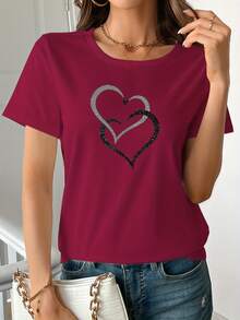Heart-Print T-Shirt, Short Sleeves And Round Neck, Made Of Soft Fabric, Available In Various Colors, Women's Clothing. 5102 - Burgundy - View 5