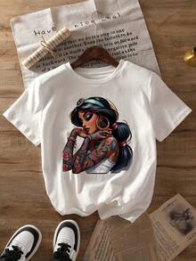 Camiseta unisex, casualManga cortaRedondoCuelloCamisetaCaracterísticasaGráficoImprimirdeaOscuroPrincesaAdecuadoparaPrimaveraYVerano,DiseñadoparaWomen,ropademujer,blusasparamujer,topsdemujer,playerasdemujer,DailycasualConjunto, RegularAjuste, DiarioCoincidencia, GráficoEstampado, Deportivocasual - Blanco - Ver 1