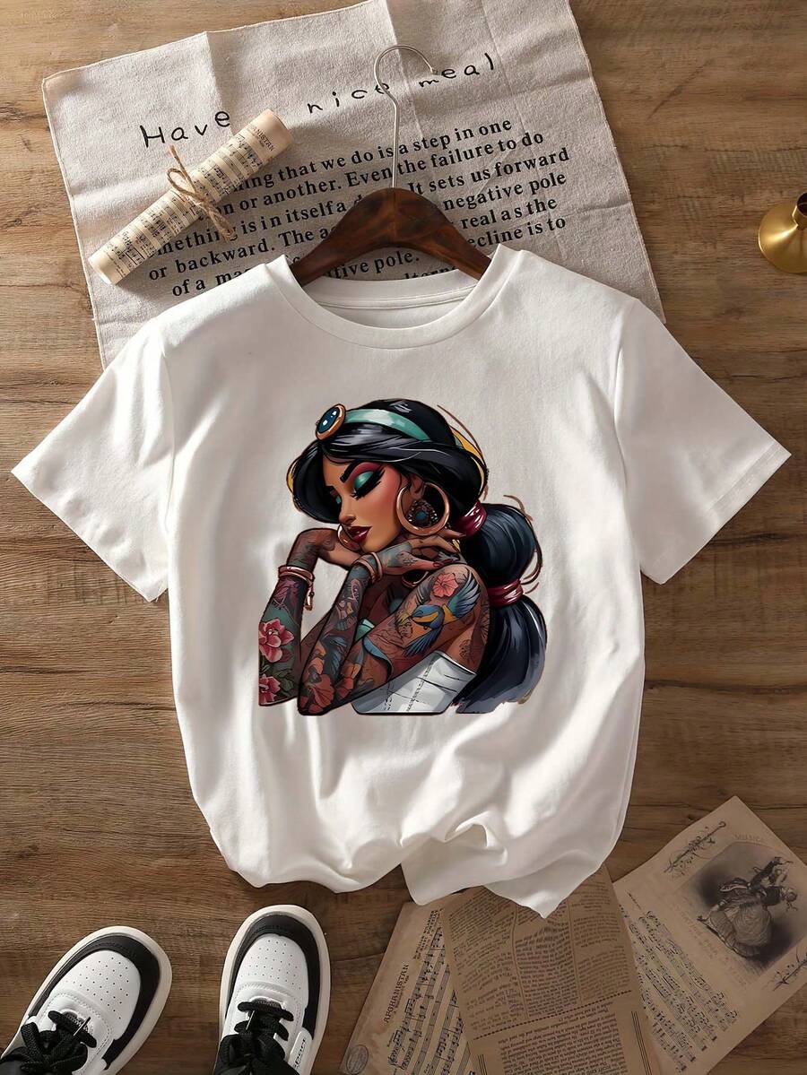 Camiseta unisex, casualManga cortaRedondoCuelloCamisetaCaracterísticasaGráficoImprimirdeaOscuroPrincesaAdecuadoparaPrimaveraYVerano,DiseñadoparaWomen,ropademujer,blusasparamujer,topsdemujer,playerasdemujer,DailycasualConjunto, RegularAjuste, DiarioCoincidencia, GráficoEstampado, Deportivocasual - Blanco - Ver 1