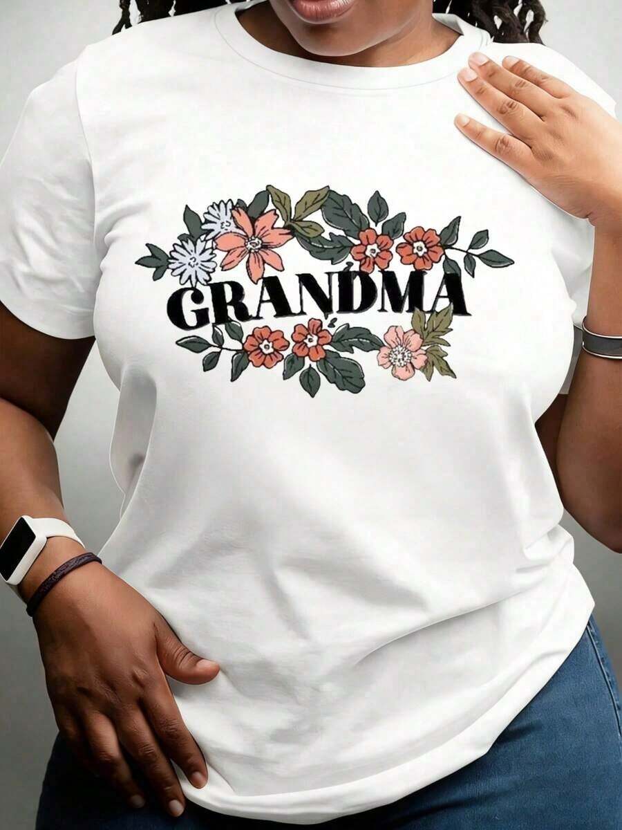 Women's Floral Design "Grandma" T-Shirt, Gift For Mother And Grandmother, Family Pride T-Shirt, Urban Vintage Style, Unisex, Cotton, Short Sleeve, Round Neck, 100% Cotton - 白色 - 查看 1