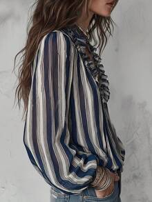 Women's V-Neck Bohemian Striped Chiffon Blouse With Ruffle Trim, Long Sleeve, Sheer, Summer - Navy Blue - View 3