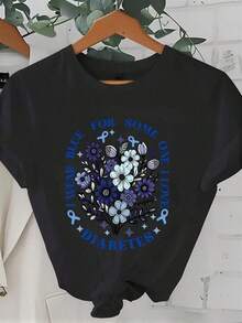100% Cotton, Women's T-Shirt "I Wear Blue For Someone I Love" Floral Design For Diabetes Awareness Campaigns And Events Supporting And Caring For Diabetes. - 黑色 - 查看 6