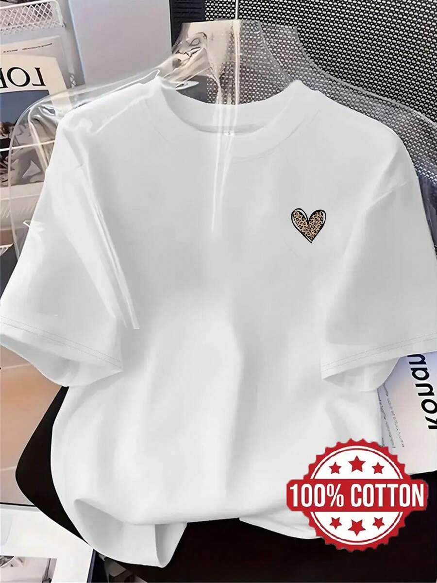 TH468 Nueva camiseta para mujer, diseño de corazón con estampado de leopardo, camiseta estampada casual de moda, 100% cuello redondo manga corta, absorbente del sudor y transpirable, ropa de estar por casa casual, cómoda, elegante y chic, camiseta de ropa de abrigo para primavera, verano, otoño