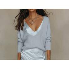 Women's Knit Sweater And Satin Slip Dress Two-Piece Set With V-Neck - Bộ vest màu xanh nhạt - Xem 4