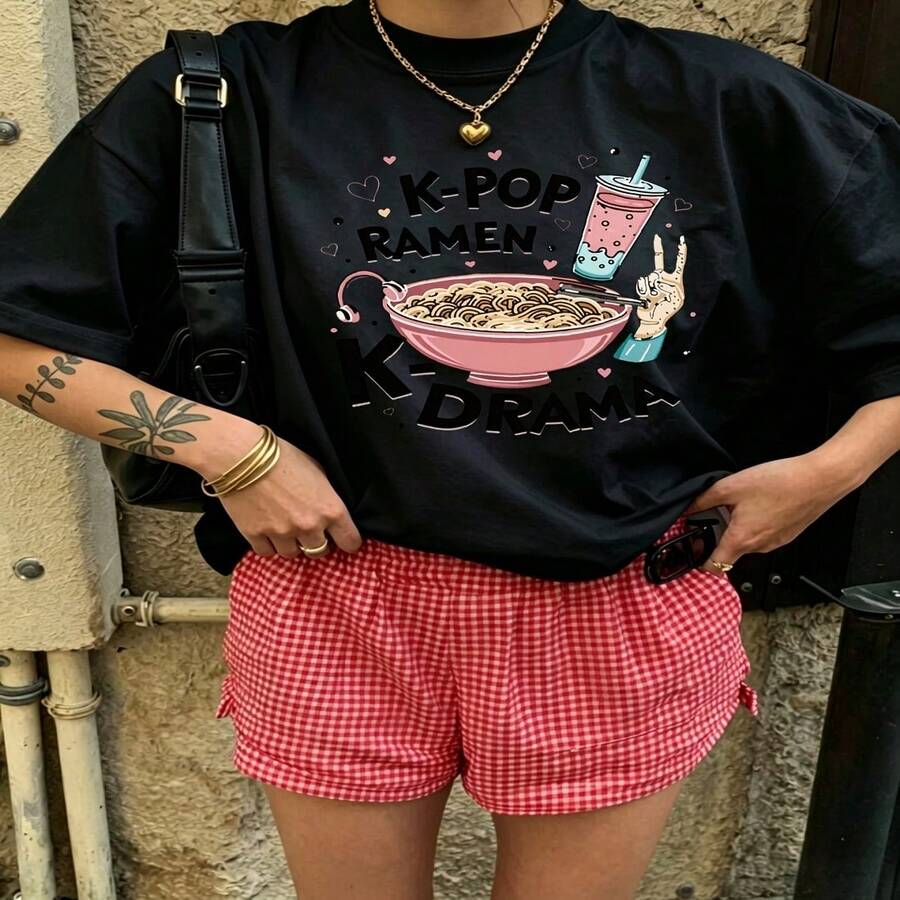 Cute Daily Casual Graphic T-Shirt 100% Cotton Oversized Soft Breathable Casual Crewneck Short Sleeve Top Aesthetic Daily Fashion Lovers Casual Wearers Basic Street Style Minimalist Vintage Gift Givers Holiday Gift - 黑色 - 查看 1