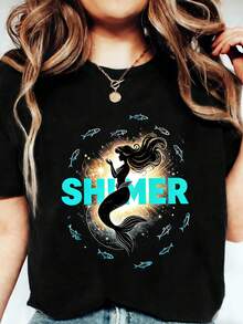 1 Women's Short Sleeve T-Shirt With Mermaid Print, Modern, Elegant And Slimming, The Perfect Gift For Birthdays Or Holidays, 180g 100% Cotton. - 黑色九 - 查看 1