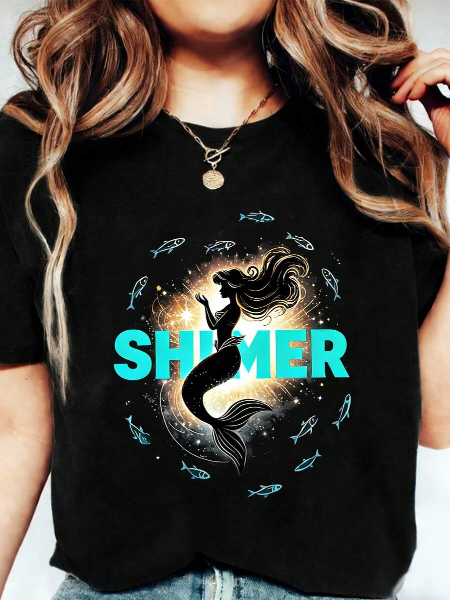 1 Women's Short Sleeve T-Shirt With Mermaid Print, Modern, Elegant And Slimming, The Perfect Gift For Birthdays Or Holidays, 180g 100% Cotton. - 黑色九 - 查看 1