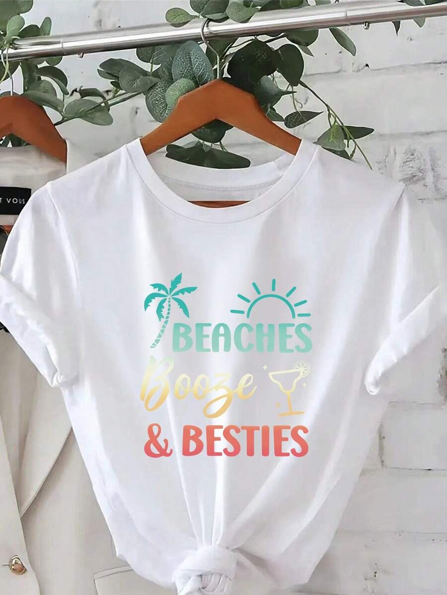¡Oferta por tiempo limitado, unidades limitadas, relámpago! Camisas casuales para mujer, camisetas de poliéster para mujer, camisas elegantes.Camiseta casual de mujer con cuello redondo y estampado gráfico "Playas, bebidas y mejores amigas" - Poliéster ligero, manga corta, cuello redondo para verano, ropa de playa | Camiseta con estampado juguetón | Ajuste cómodo - Blanco - Ver 1