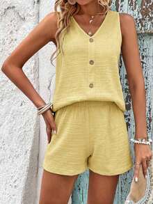 LUNE Conjunto De Camiseta Sin Mangas Y Pantalones Cortos De Color Sólido Para Mujer Con Cuello En V - amarillo ganso - Ver 1